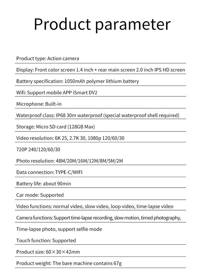 New 6K Action camera, 170° ultra-wide angle, 30 meters waterproof 2.0+1.4 inch dual-color screen, with 32GB memory card, with remote control and accessories, WiFi interconnection EIS anti-shake and anti-vibration DV camera, VLOG, cycling, travel, car camera