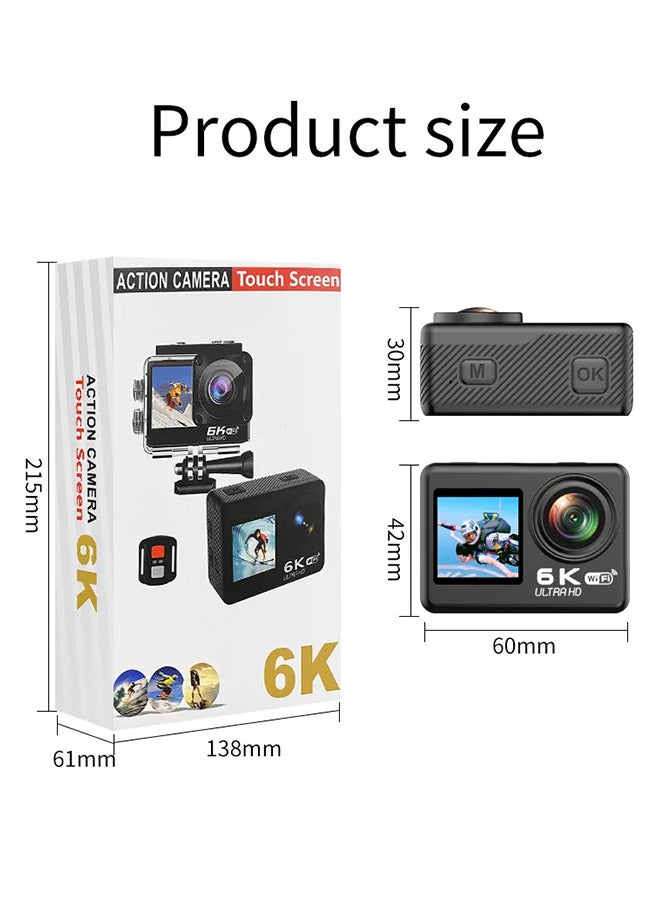 New 6K Action camera, 170° ultra-wide angle, 30 meters waterproof 2.0+1.4 inch dual-color screen, with 32GB memory card, with remote control and accessories, WiFi interconnection EIS anti-shake and anti-vibration DV camera, VLOG, cycling, travel, car camera
