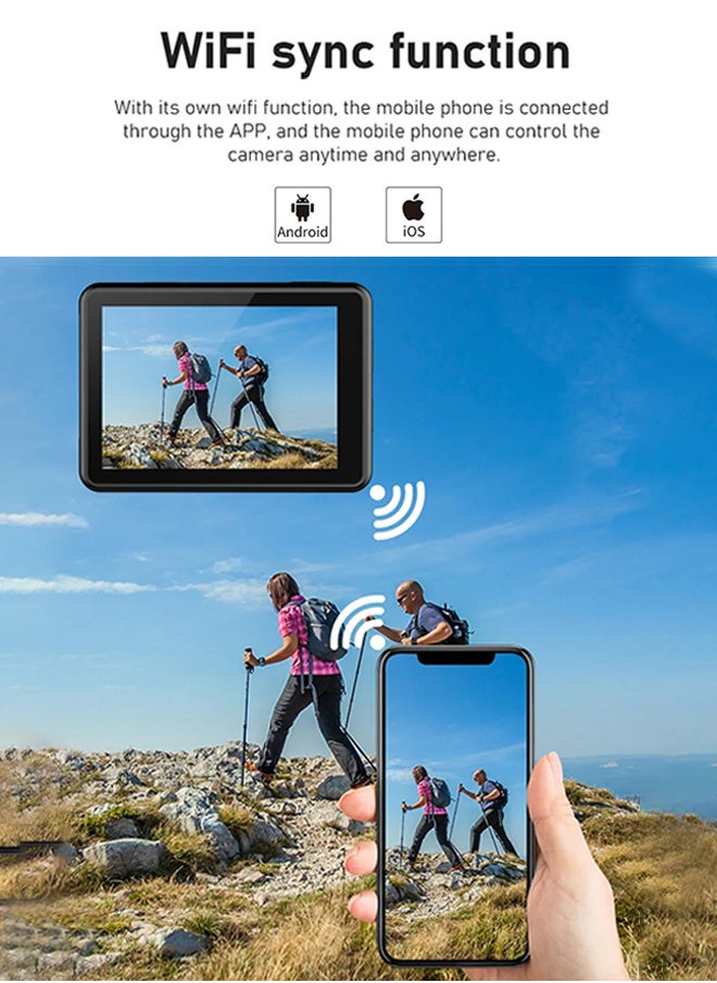New 6K Action camera, 170° ultra-wide angle, 30 meters waterproof 2.0+1.4 inch dual-color screen, with 32GB memory card, with remote control and accessories, WiFi interconnection EIS anti-shake and anti-vibration DV camera, VLOG, cycling, travel, car camera