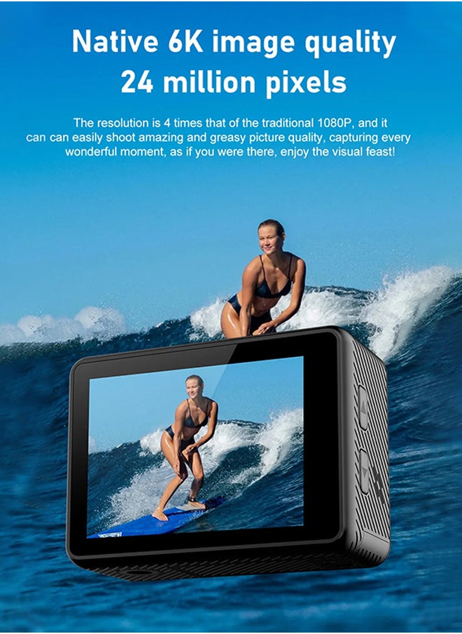 Generic New 6K Action camera, 170° ultra-wide angle, 30 meters waterproof 2.0+1.4 inch dual-color screen, with 32GB memory card, with remote control and accessories, WiFi interconnection EIS anti-shake and anti-vibration DV camera, VLOG, cycling, travel, car camera  - Image 5