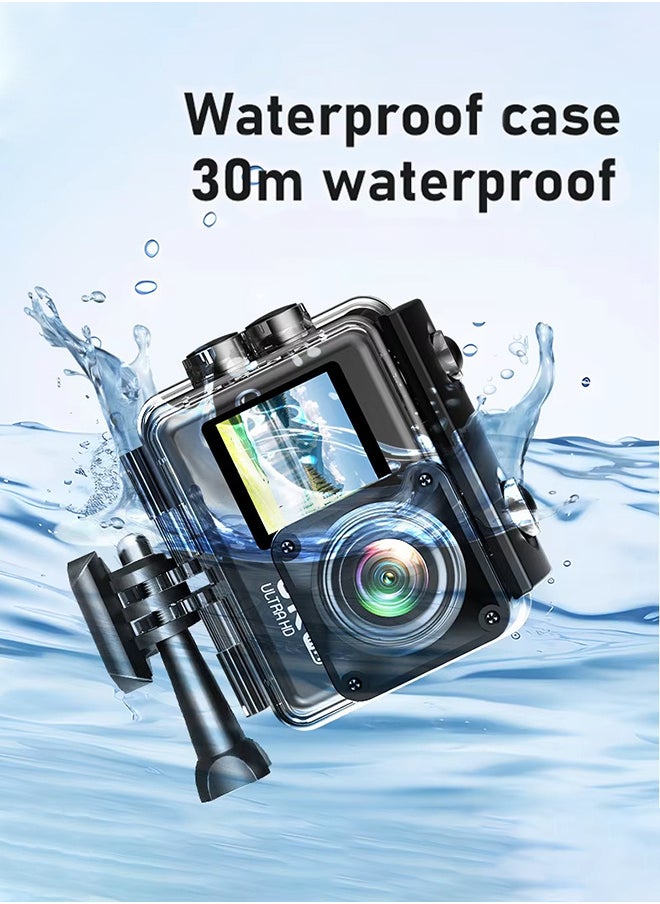 New 6K Action camera, 170° ultra-wide angle, 30 meters waterproof 2.0+1.4 inch dual-color screen, with 32GB memory card, with remote control and accessories, WiFi interconnection EIS anti-shake and anti-vibration DV camera, VLOG, cycling, travel, car camera