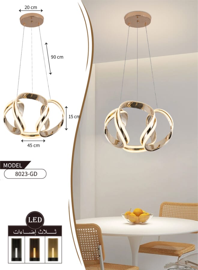 بيست باور ثريا فردي LED حديثة 8023-GD مصباح ليد معلق للإضاءة الداخلية مع ثلاثة مستويات إضاءة قابلة للتعتيم، اختيار مثالي لغرف المعيشة أو مناطق تناول الطعام أو غرف النوم - Image 3