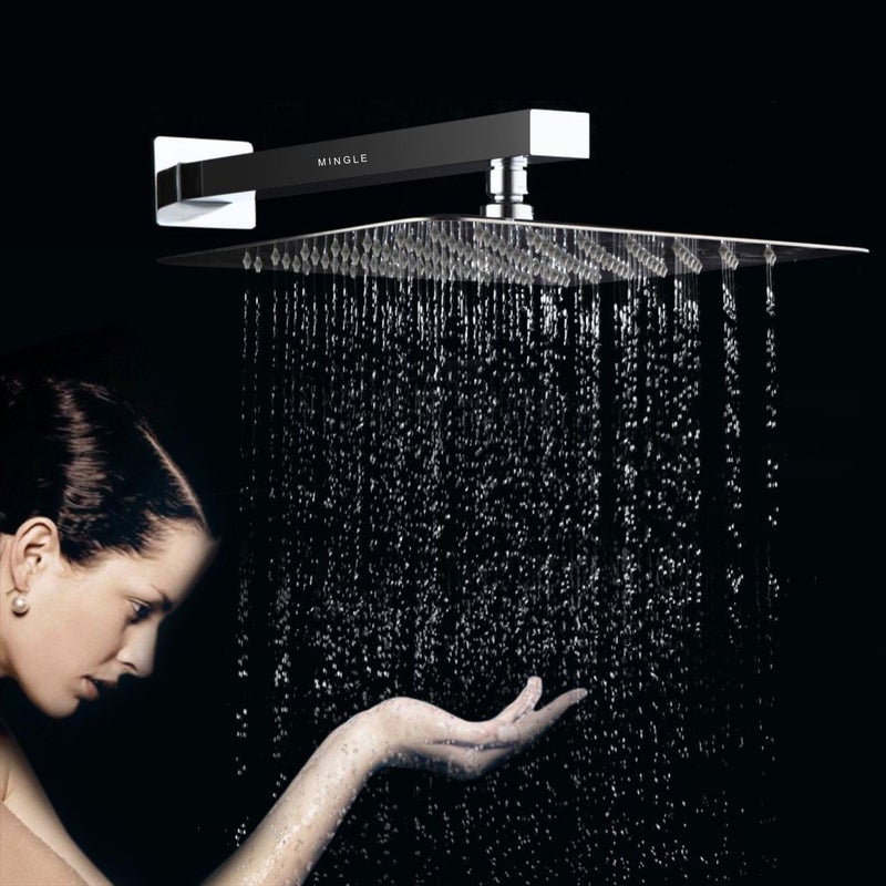 MINGLE Mirror Stainless Steel 304 Round Ultra Slim High Pressure Rainfall Shower Head for bathroom With Arm Shower (Pack of 1) (8 * 8_18INCH) - Image 1