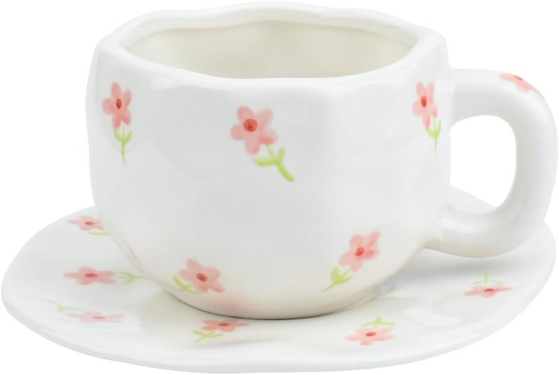 Koythin Ceramic Coffee Mug with Saucer Set Cute Pink Small Flower Cup Unique for Office and Home 10 oz300 ml for Latte Tea Milk - Image 1