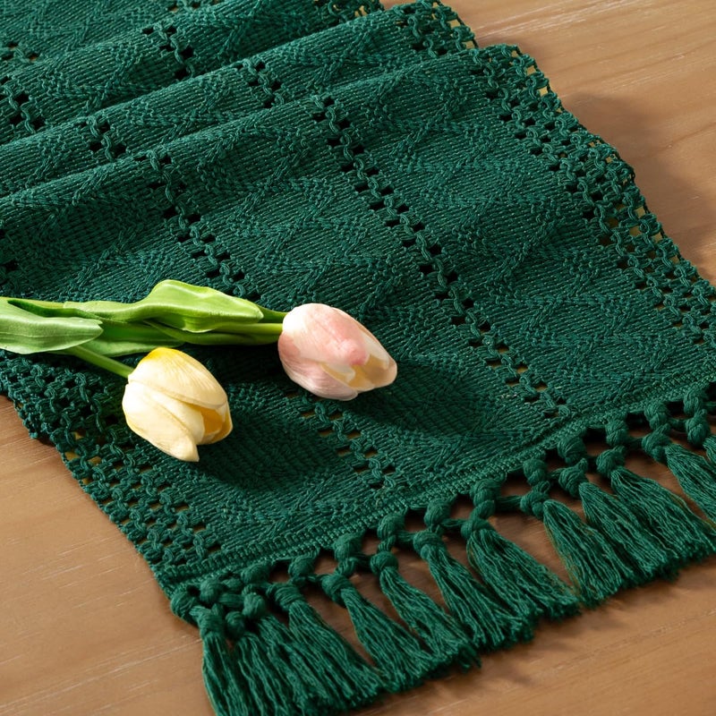 Socomi Boho Table Runner Fall Thanksgiving Farmhouse Rustic Dining Kitchen Centerpiece Decor Small Macrame Woven Cotton Linen Coffee Table Runner For Dresser Scarf Home Decor 12X60 Inch Emerald Green - Image 1