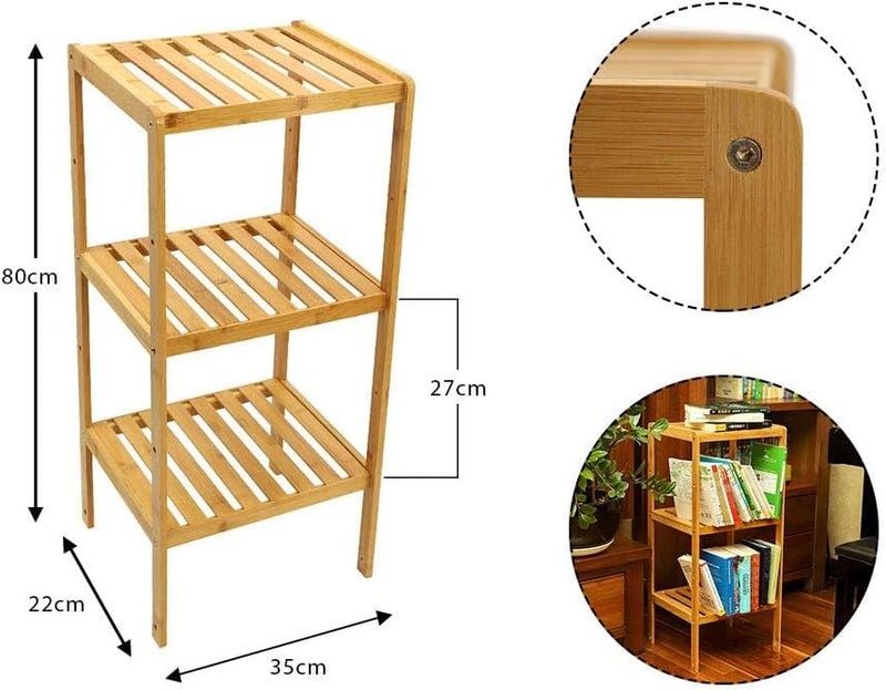 AsolBD Bamboo Shelf, 100% Bamboo Tower Multifunctional Storage Rack Shelving, Standing Organizer Unit, Utility Shelf Adjustable for Laundry Pantry Kitchen Bathroom Narrow Places (Natural, 3 Tier) - Image 2