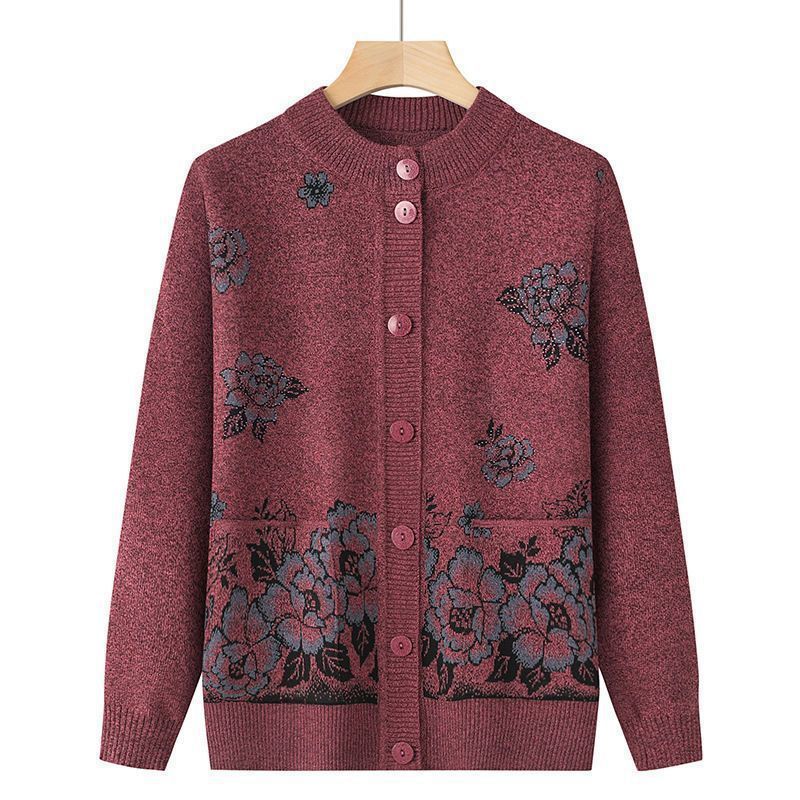 Middle-aged and elderly womens mothers clothing autumn and autumn sweater grandmas autumn and winter cardigan elderly clothes sweater coat round neck loose-fit Brown - Image 3