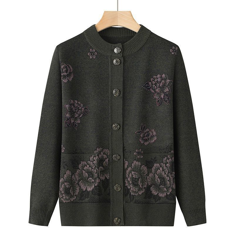 Middle-aged and elderly womens mothers clothing autumn and autumn sweater grandmas autumn and winter cardigan elderly clothes sweater coat round neck loose-fit Brown - Image 5