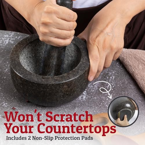Priority Chef Heavy Duty Large 2 Cup Mortar and Pestle Set,100% Granite, Non Slip Base, Make Fresh Guacamole, Salsa, Pesto, Stone Grinder Bowl, Herb Crusher, Spice Grinder, 6.3 Inch Size, Black - Image 4