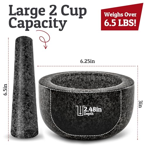 Priority Chef Heavy Duty Large 2 Cup Mortar and Pestle Set,100% Granite, Non Slip Base, Make Fresh Guacamole, Salsa, Pesto, Stone Grinder Bowl, Herb Crusher, Spice Grinder, 6.3 Inch Size, Black - Image 3