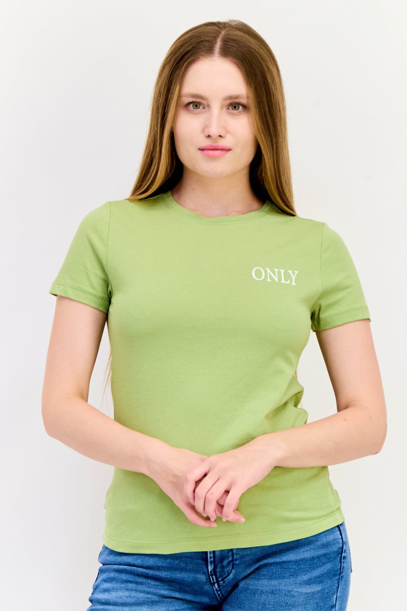 ONLY Women Crew Neck Short Sleeve Brand Logo T-Shirt, Green - Image 1