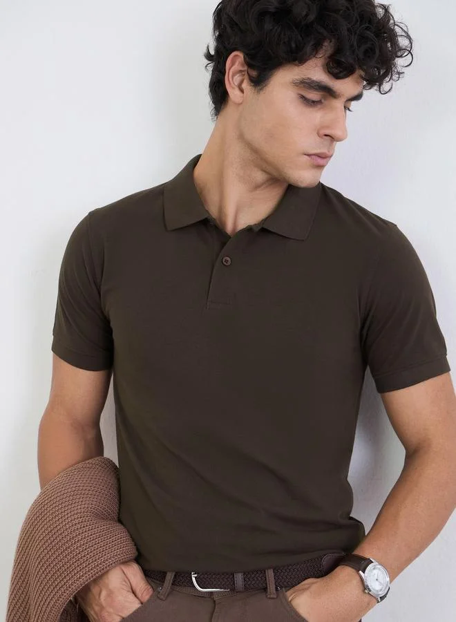 Styli Men Regular Fit Solid Pique Polo with Ribbed Collar
