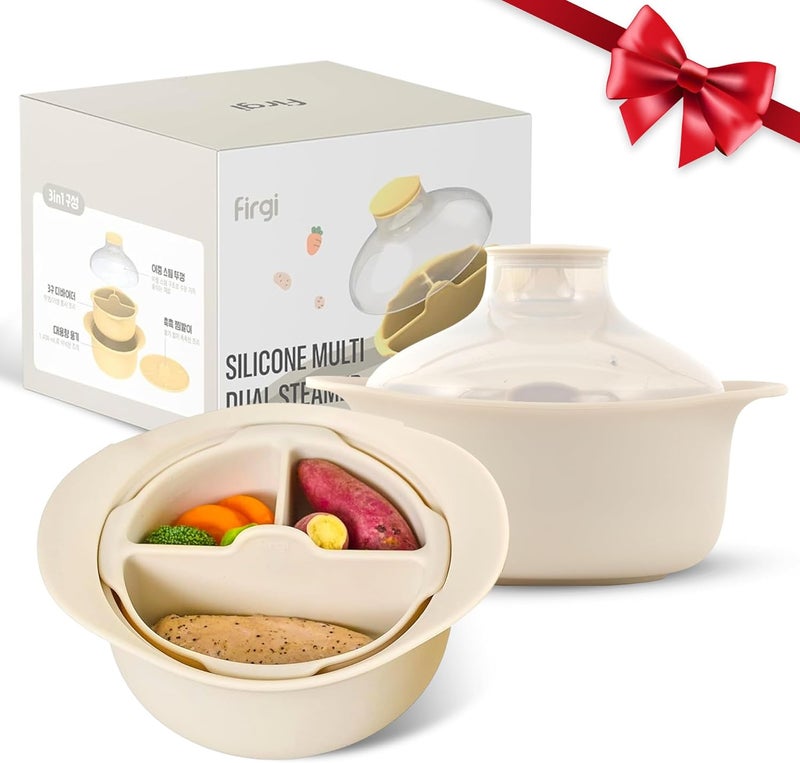 Firgi 48oz Platinum Silicone 3 Compartmented Microwave Steamer Pot with Handle & Lid - Korean 100% Food-Grade Steamer Bowl, Heat-Resistant Cooker with Steam Holes, Easy Clean, Dishwasher Safe, Ivory - Image 1