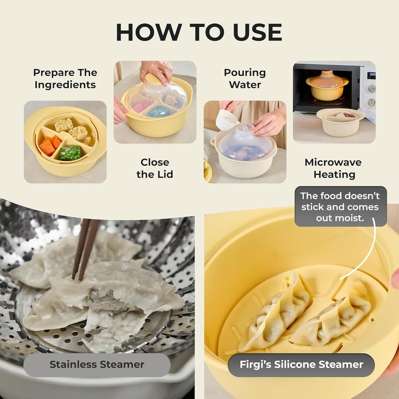 Firgi 48oz Platinum Silicone 3 Compartmented Microwave Steamer Pot with Handle & Lid - Korean 100% Food-Grade Steamer Bowl, Heat-Resistant Cooker with Steam Holes, Easy Clean, Dishwasher Safe, Ivory - Image 5
