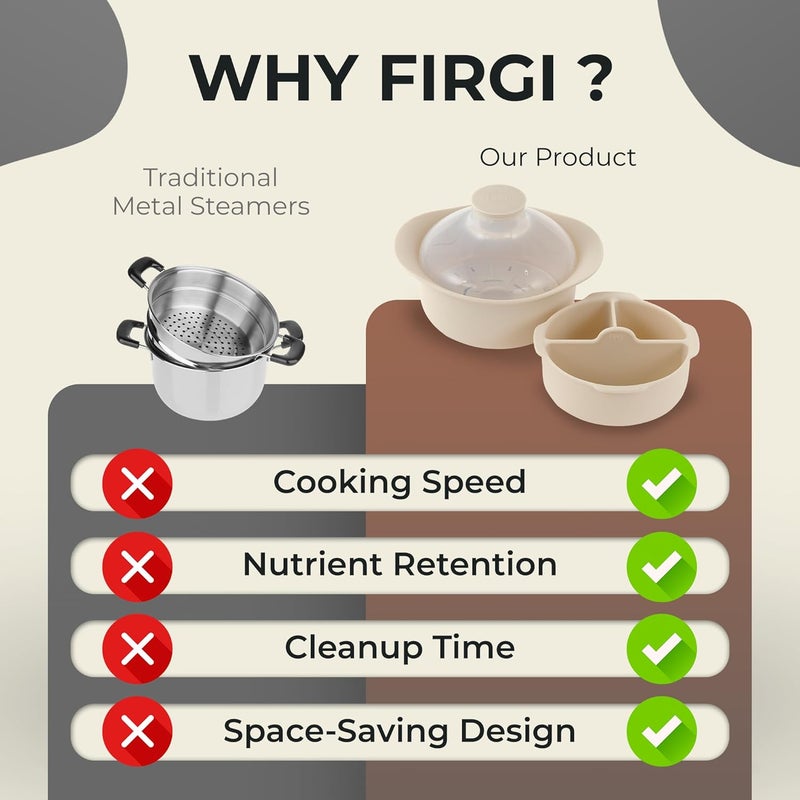 Firgi 48oz Platinum Silicone 3 Compartmented Microwave Steamer Pot with Handle & Lid - Korean 100% Food-Grade Steamer Bowl, Heat-Resistant Cooker with Steam Holes, Easy Clean, Dishwasher Safe, Ivory - Image 4