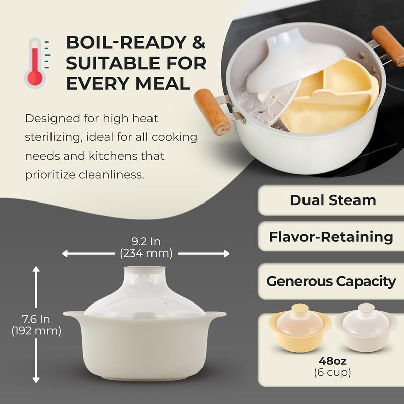 Firgi 48oz Platinum Silicone 3 Compartmented Microwave Steamer Pot with Handle & Lid - Korean 100% Food-Grade Steamer Bowl, Heat-Resistant Cooker with Steam Holes, Easy Clean, Dishwasher Safe, Ivory - Image 2