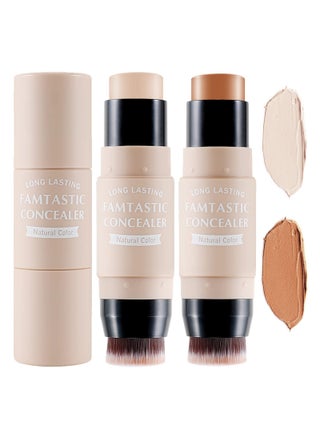 2 PCS Contour Highlighter Stick with Brush - Waterproof Bronzer Pen for Face Brightening, Longwear Highlighting Shades Pencil (03 & 04) for Perfect Highlighting and Shaping.