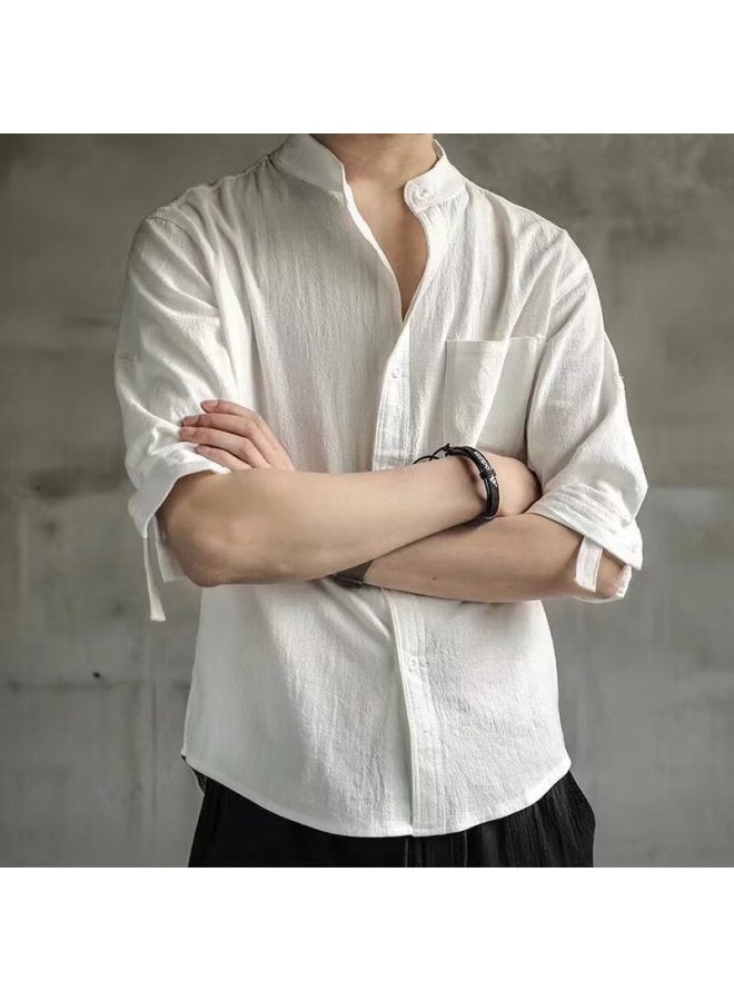 Retro Stand Collar Short Sleeve Shirt Men's Summer Trendy Brand Style Yuppie Men's Shirt Large Size Three-quarter Sleeve
