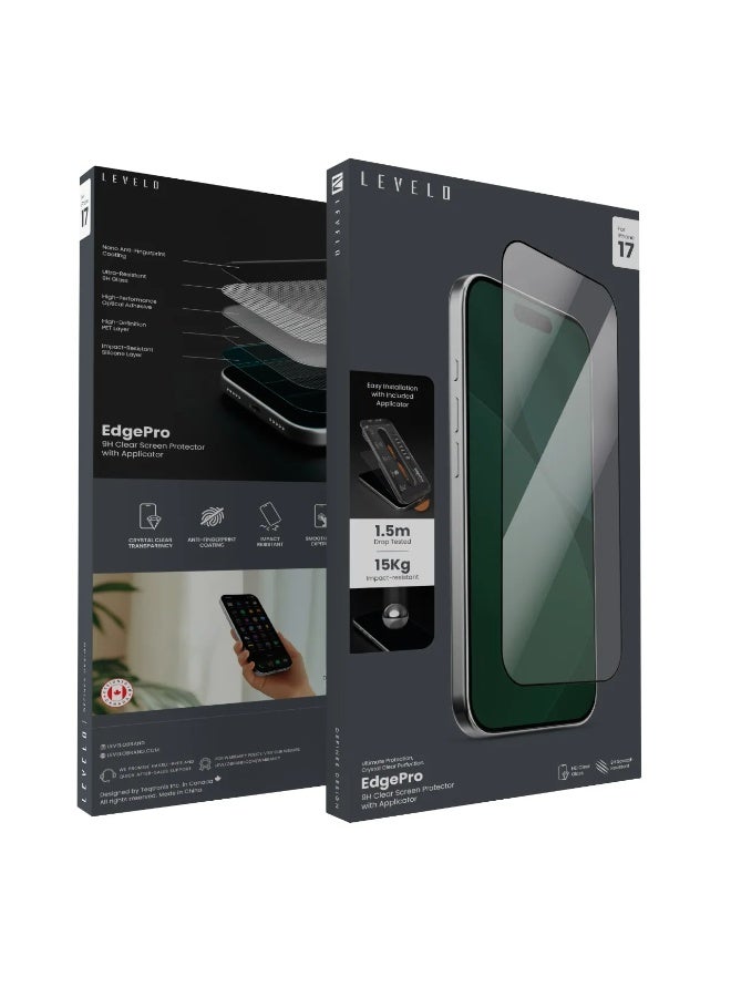 LEVELO iPhone 17 Screen Protector EdgePro 9H Impact-Resistant Glass with Applicator / Anti-Fingerprint / Ultra-Clear / 1.5m Drop Tested - Clear - Image 2