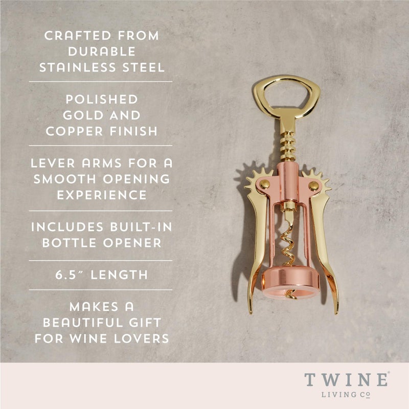 Twine Winged Corkscrew Wine Opener, Versatile Bottle Opener for Beer and Soft Drinks, Stainless Steel with Ergonomic Handle and Sharp Screw for Bartenders, Home Bar, Kitchen, Set of 1, Copper and Gold - Image 2