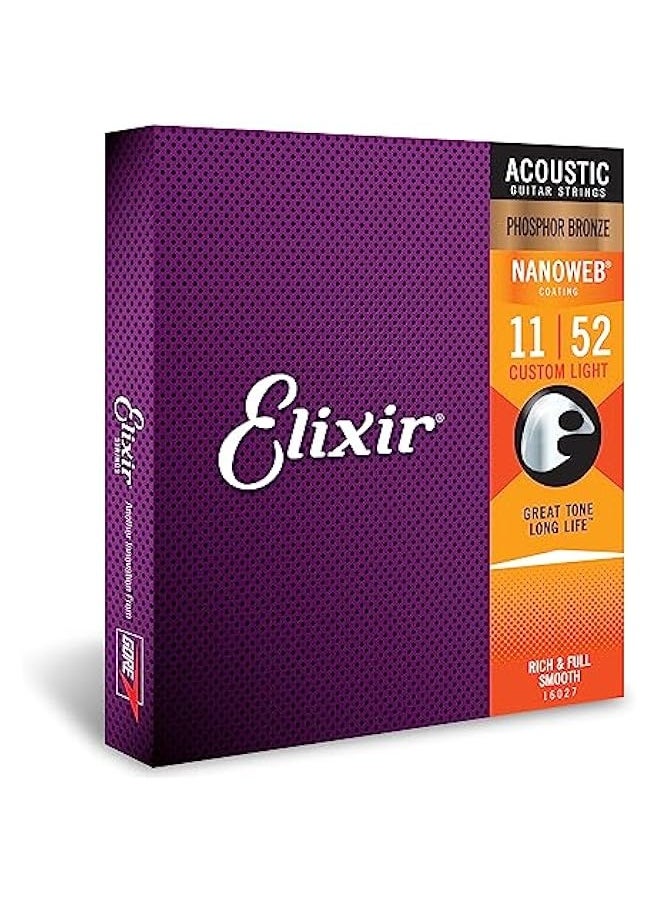 ELIXIR - Strings, Acoustic Guitar Strings, Phosphor Bronze with NANOWEB Coating, Longest-Lasting Rich and Full Tone with Comfortable Feel, 6 String Set, Custom Light 11-52 - Image 1