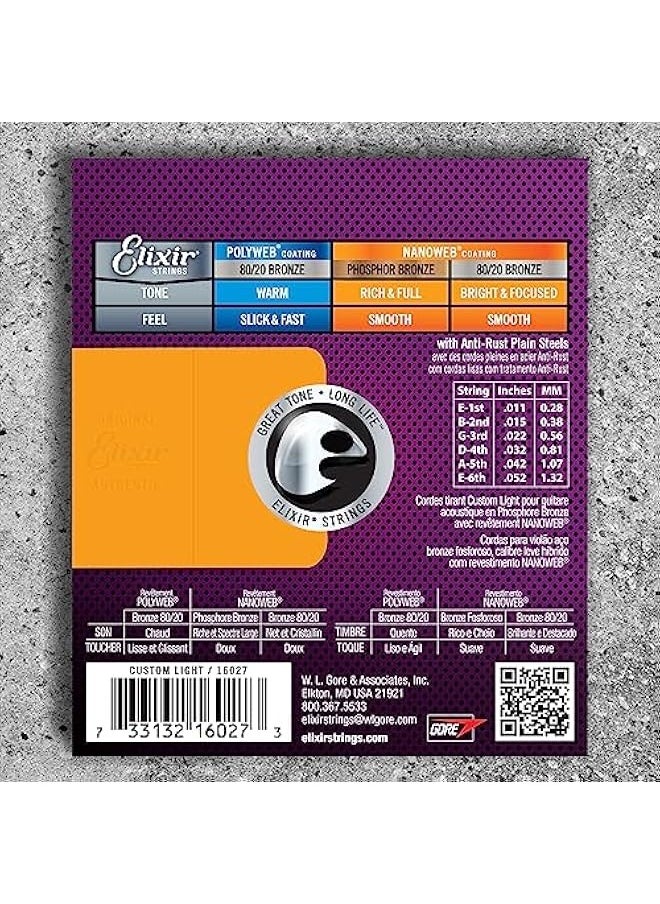 ELIXIR - Strings, Acoustic Guitar Strings, Phosphor Bronze with NANOWEB Coating, Longest-Lasting Rich and Full Tone with Comfortable Feel, 6 String Set, Custom Light 11-52 - Image 1