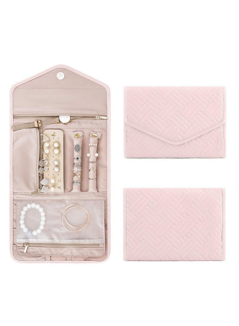 NOVOLAN NOVOLAN Portable Jewelry Bag, Travel Jewelry Organizer, Fabric Jewelry Storage Pouch, Separate Compartments for Necklaces, Earrings, Bracelets, Rings, 45x23cm Unfolded, Foldable Easy Packing (pink)  - Image 1