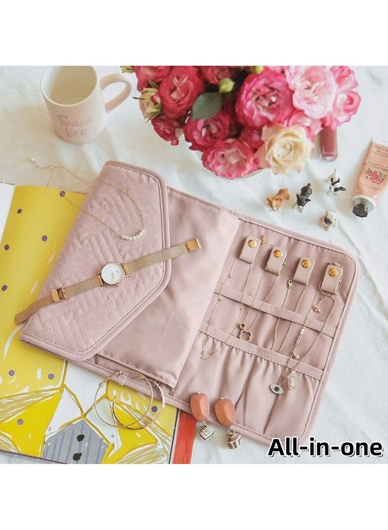 NOVOLAN NOVOLAN Portable Jewelry Bag, Travel Jewelry Organizer, Fabric Jewelry Storage Pouch, Separate Compartments for Necklaces, Earrings, Bracelets, Rings, 45x23cm Unfolded, Foldable Easy Packing (pink)  - Image 4