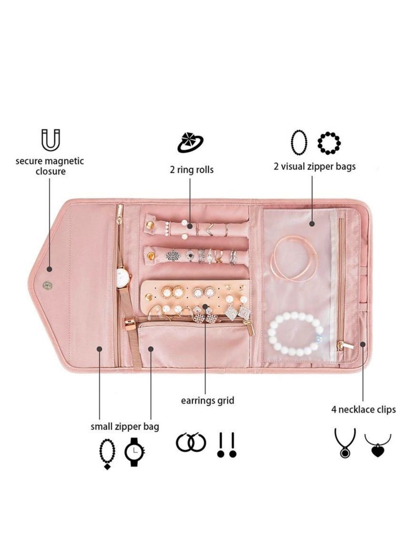 NOVOLAN NOVOLAN Portable Jewelry Bag, Travel Jewelry Organizer, Fabric Jewelry Storage Pouch, Separate Compartments for Necklaces, Earrings, Bracelets, Rings, 45x23cm Unfolded, Foldable Easy Packing (pink)  - Image 2