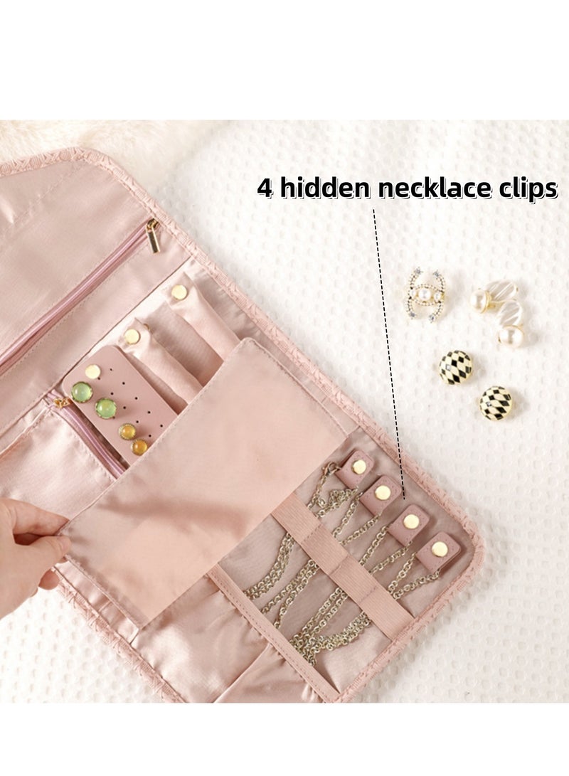 NOVOLAN NOVOLAN Portable Jewelry Bag, Travel Jewelry Organizer, Fabric Jewelry Storage Pouch, Separate Compartments for Necklaces, Earrings, Bracelets, Rings, 45x23cm Unfolded, Foldable Easy Packing (pink)  - Image 5
