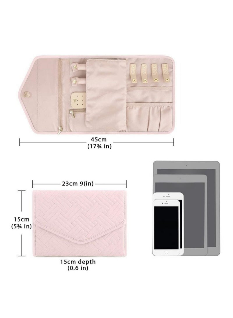 NOVOLAN NOVOLAN Portable Jewelry Bag, Travel Jewelry Organizer, Fabric Jewelry Storage Pouch, Separate Compartments for Necklaces, Earrings, Bracelets, Rings, 45x23cm Unfolded, Foldable Easy Packing (pink)  - Image 3