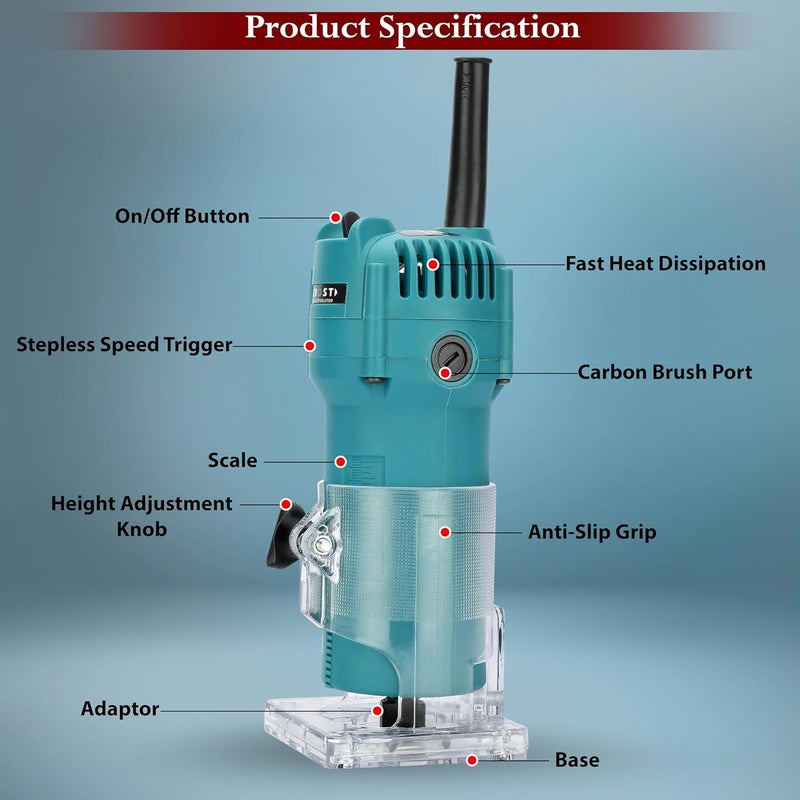 KROST KROST 800W Wood Trimmer Palm Router 32000RPM with 6 Router Bits Specially Designed for Wood Working  - Image 4