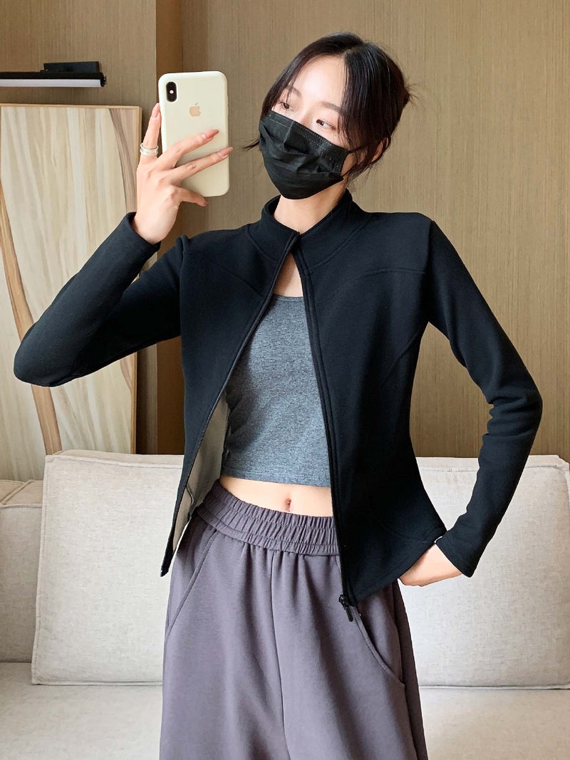 H119 Koala Velvet Zipper Tops Sports Women''s Autumn and Winter New Stand Collar Double Arc Curve Top Slim Fit Cardigan - Image 2