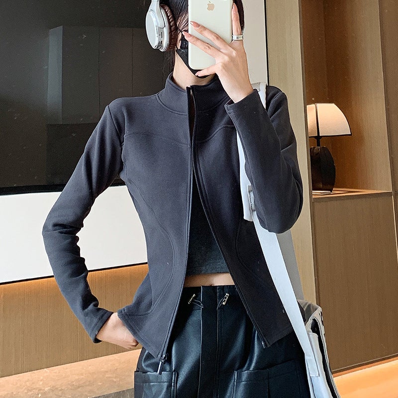 H119 Koala Velvet Zipper Tops Sports Women''s Autumn and Winter New Stand Collar Double Arc Curve Top Slim Fit Cardigan - Image 1