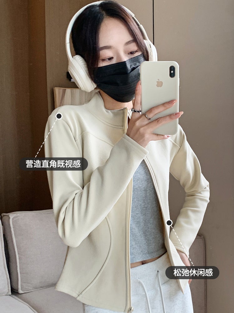 H119 Koala Velvet Zipper Tops Sports Women''s Autumn and Winter New Stand Collar Double Arc Curve Top Slim Fit Cardigan - Image 4