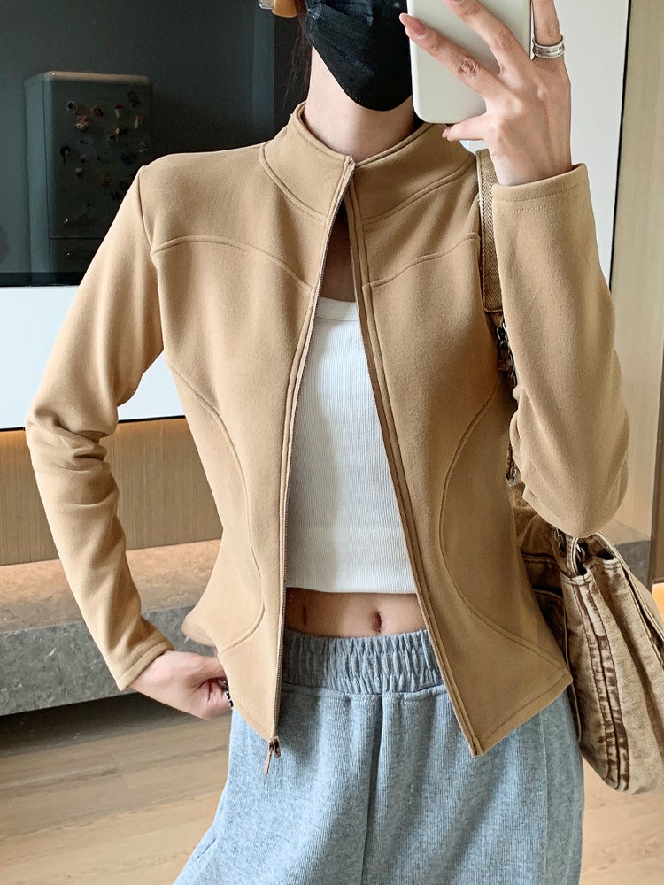 H119 Koala Velvet Zipper Tops Sports Women''s Autumn and Winter New Stand Collar Double Arc Curve Top Slim Fit Cardigan - Image 3