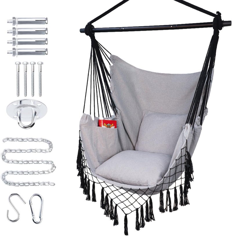 PIRNY Hammock Chair Hanging Rope Swing Chair,Max 500 Lbs, Large Hanging Chair with Pocket, 2 Cushions, Removable Steel Bar, Hardware Kit Included, Superior Comfort for Indoor Outdoor (Light Grey) - Image 1