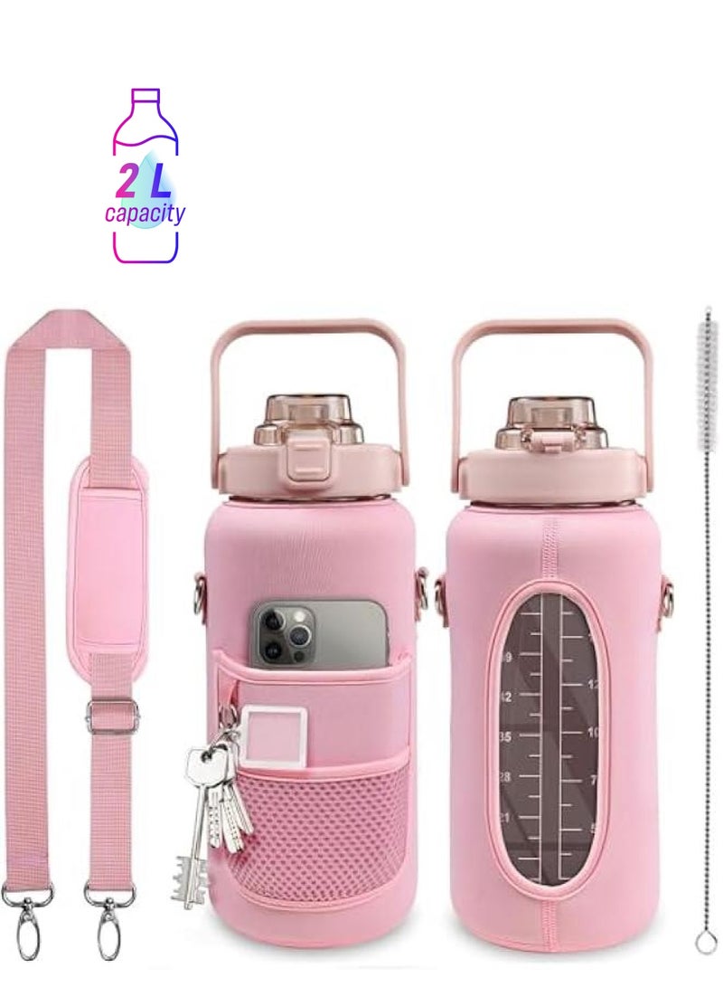 HOOKOR Half Gallon Water Bottle With Sleeve 64oz (2L) Inspirational Water Bottle With Straw and Time Stamp, Drinkable Leak-Proof Tritan BPA-Free Bottle, Large Water Jug for Gym,Sports Bottles (pink) - Image 1