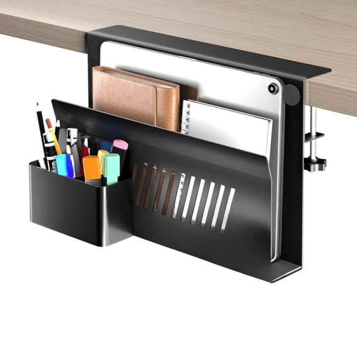 TARKAN Desk Side Storage Organizer, Under Laptop Holder Clamp on Table Top, No Drill Mount with Magnetic Pen Holder, Fits Flat Edge Desk 0.4" to 2" Inch (Black) - Image 1