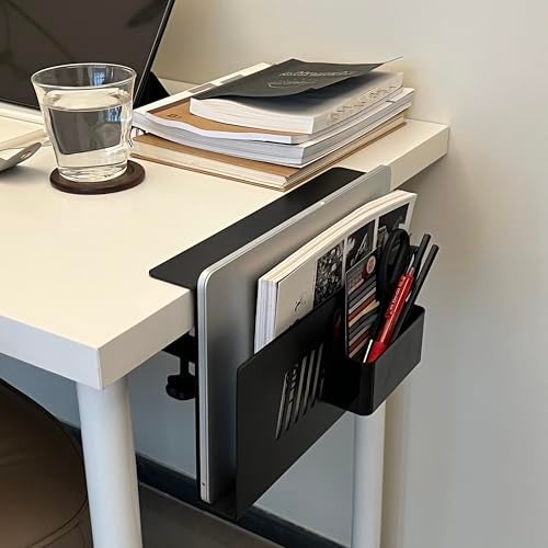 TARKAN Desk Side Storage Organizer, Under Laptop Holder Clamp on Table Top, No Drill Mount with Magnetic Pen Holder, Fits Flat Edge Desk 0.4" to 2" Inch (Black) - Image 2