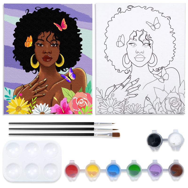 Vochic Canvas Painting Kit Pre Drawn Canvas For Painting For Adults Party Kits Paint And Sip Party Supplies 8X10 African American Women Flowers Art Set - Image 1