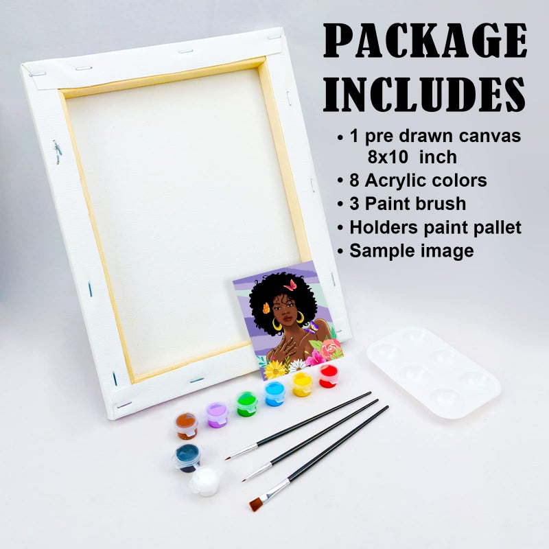 Vochic Canvas Painting Kit Pre Drawn Canvas For Painting For Adults Party Kits Paint And Sip Party Supplies 8X10 African American Women Flowers Art Set - Image 5