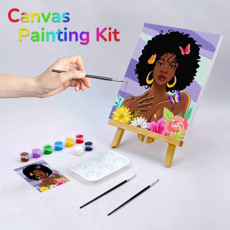 Vochic Canvas Painting Kit Pre Drawn Canvas For Painting For Adults Party Kits Paint And Sip Party Supplies 8X10 African American Women Flowers Art Set - Image 2
