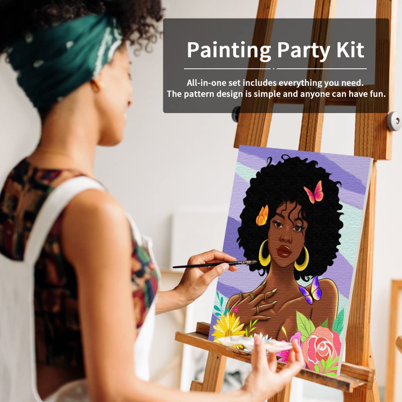 Vochic Canvas Painting Kit Pre Drawn Canvas For Painting For Adults Party Kits Paint And Sip Party Supplies 8X10 African American Women Flowers Art Set - Image 3
