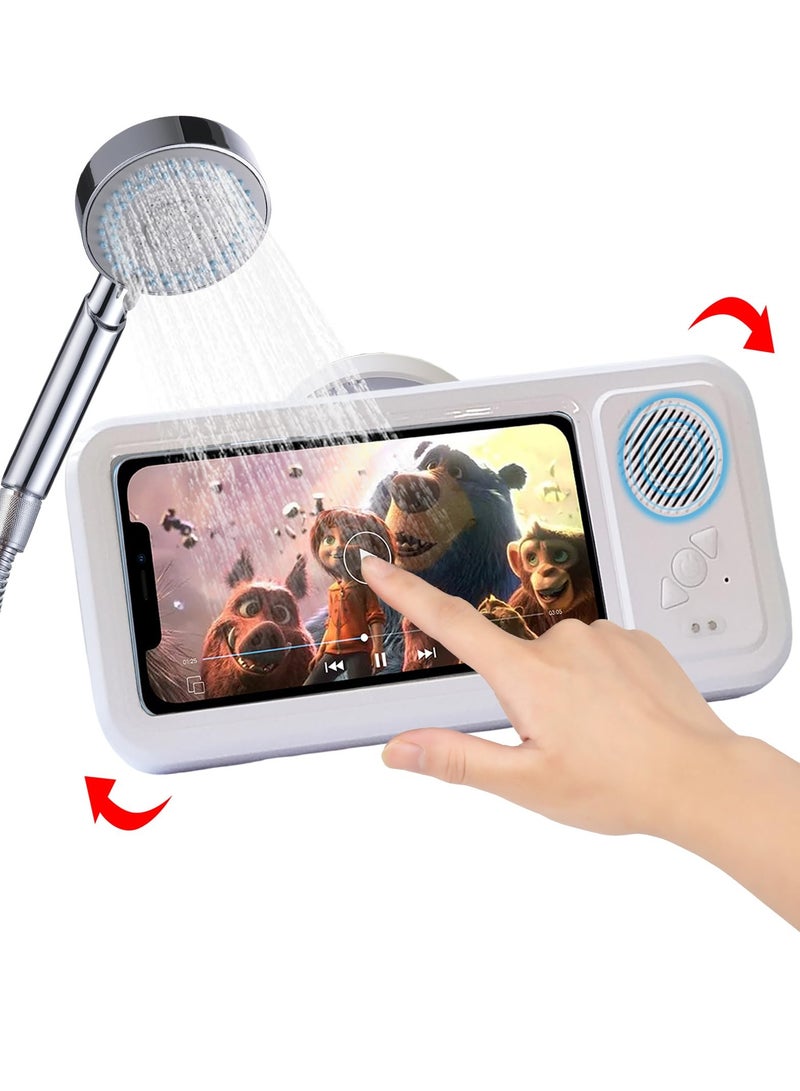 SYOSI Shower Phone Holder with Wireless Bluetooth Speaker Waterproof Anti-Fog Sensitive Touch Screen Wall Mounted 480° Rotation Viewable Shower Phone Stand for Bathroom Wall Mirro for 4"- 6.8" Cell Phones - Image 1