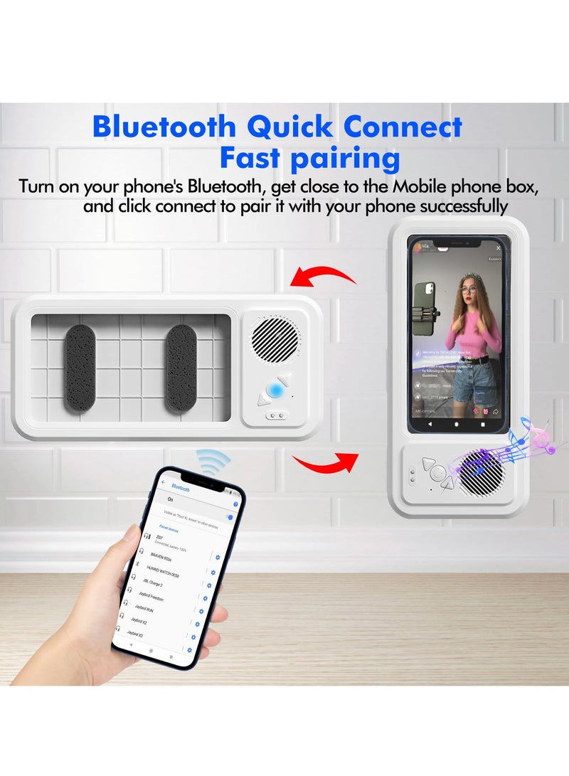 SYOSI Shower Phone Holder with Wireless Bluetooth Speaker Waterproof Anti-Fog Sensitive Touch Screen Wall Mounted 480° Rotation Viewable Shower Phone Stand for Bathroom Wall Mirro for 4"- 6.8" Cell Phones - Image 2