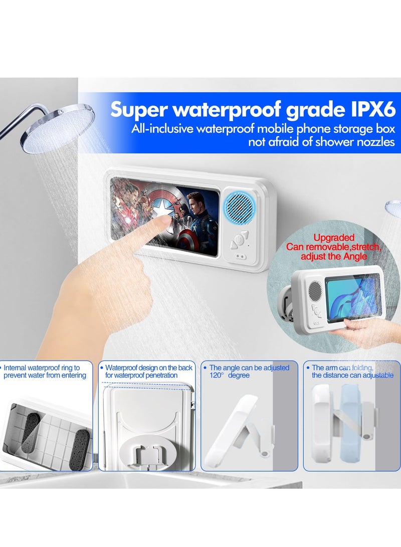 SYOSI Shower Phone Holder with Wireless Bluetooth Speaker Waterproof Anti-Fog Sensitive Touch Screen Wall Mounted 480° Rotation Viewable Shower Phone Stand for Bathroom Wall Mirro for 4"- 6.8" Cell Phones - Image 4