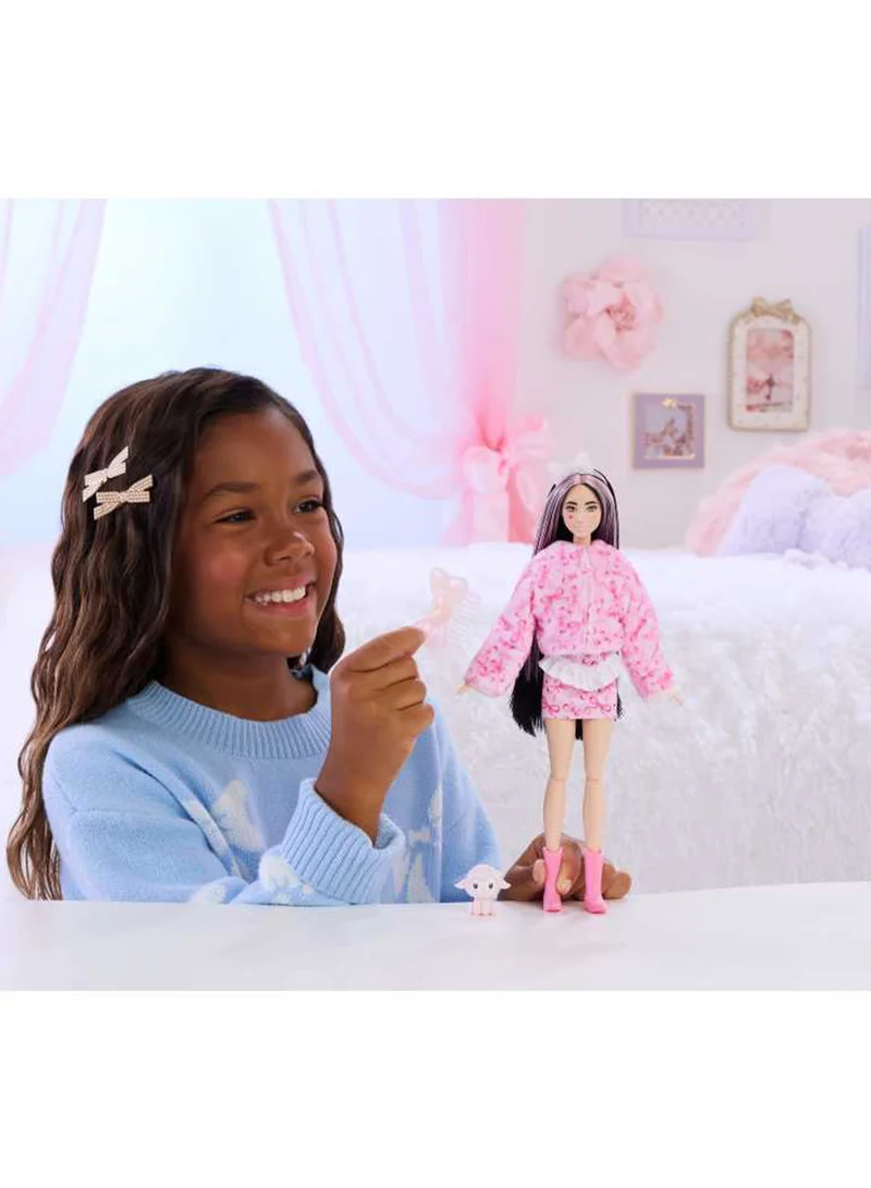 باربي Cutie Reveal Doll & Accessories, Cuddly Series Lamb with 10 Surprises Including Color Change & Mini Pet