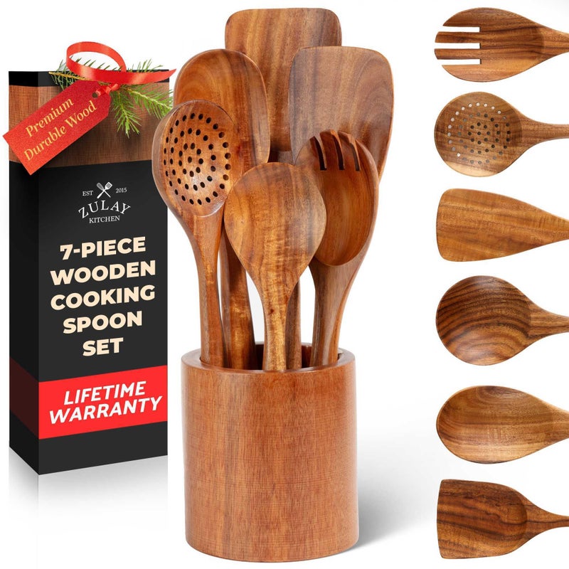 Zulay Kitchen 7-Piece Wooden Cooking Spoons Set â€“ Heat-Resistant, Smooth Teak Utensils with Comfort Grip â€“ Lightweight & Durable â€“ Easy to Clean, Perfect for Non-Stick Cookware