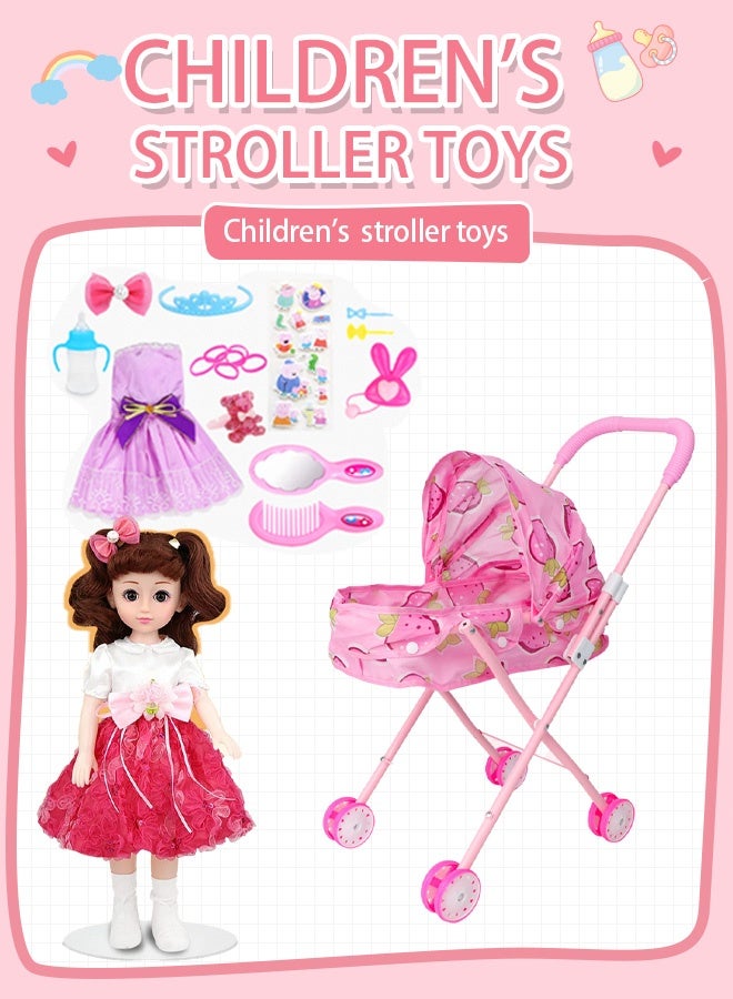 A portable, foldable stroller with an infant doll - suitable for toddlers, available in various colors, and recommended for children over 3 years old.  - Image 1